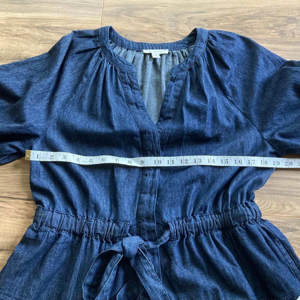 Free Assembly Denim Midi Dress M Blue VNeck Puff Sleeve Tie Belt Cottage Peasant - Picture 9 of 12